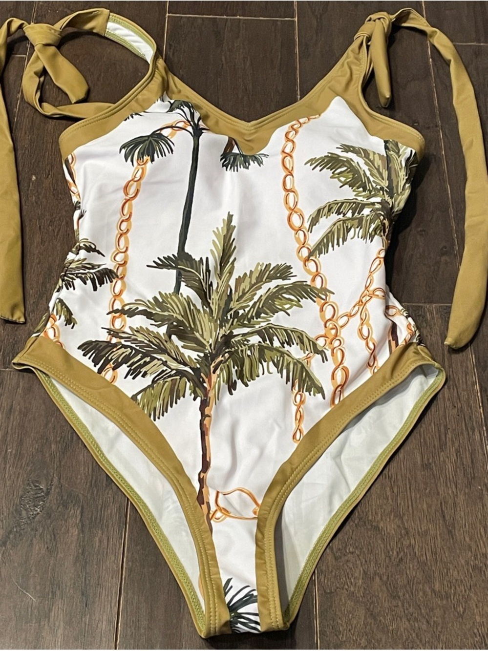 palm & chain print two-piece swimsuit set V-neck top matching skirt S NEW no tag - Picture 2 of 5
